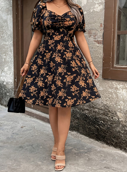 jkthpu-45 Plus Size, Women's Plus Size Floral print - Elegant Floral dress, Black &, Flared hem for Formal & Everyday Events - All-Season Non-Stretchy Party & Office Outfit, Floral Print Dress, Allseason Clothing, Fitted Waist