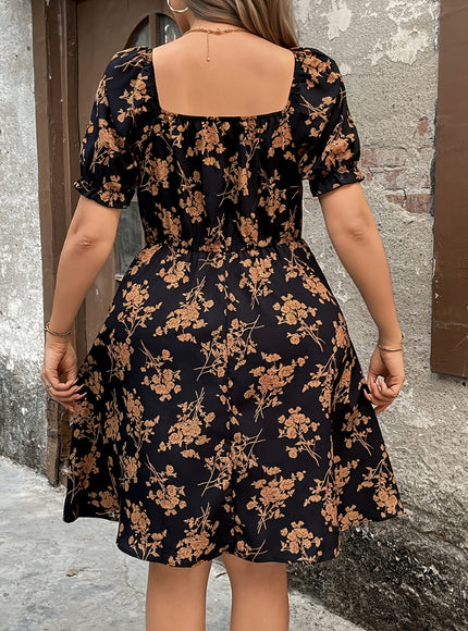 jkthpu-45 Plus Size, Women's Plus Size Floral print - Elegant Floral dress, Black &, Flared hem for Formal & Everyday Events - All-Season Non-Stretchy Party & Office Outfit, Floral Print Dress, Allseason Clothing, Fitted Waist