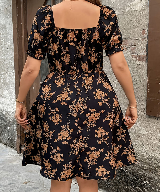 jkthpu-45 Plus Size, Women's Plus Size Floral print - Elegant Floral dress, Black &, Flared hem for Formal & Everyday Events - All-Season Non-Stretchy Party & Office Outfit, Floral Print Dress, Allseason Clothing, Fitted Waist