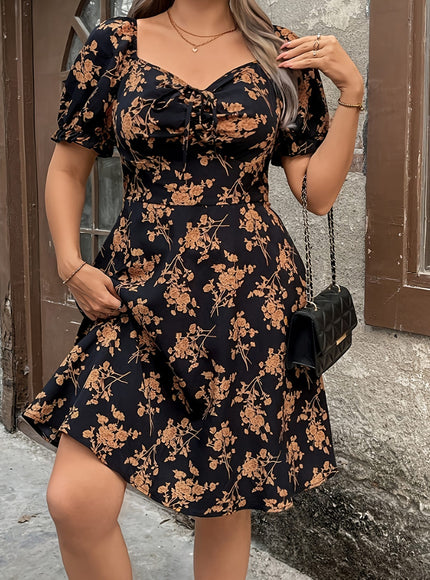 jkthpu-45 Plus Size, Women's Plus Size Floral print - Elegant Floral dress, Black &, Flared hem for Formal & Everyday Events - All-Season Non-Stretchy Party & Office Outfit, Floral Print Dress, Allseason Clothing, Fitted Waist