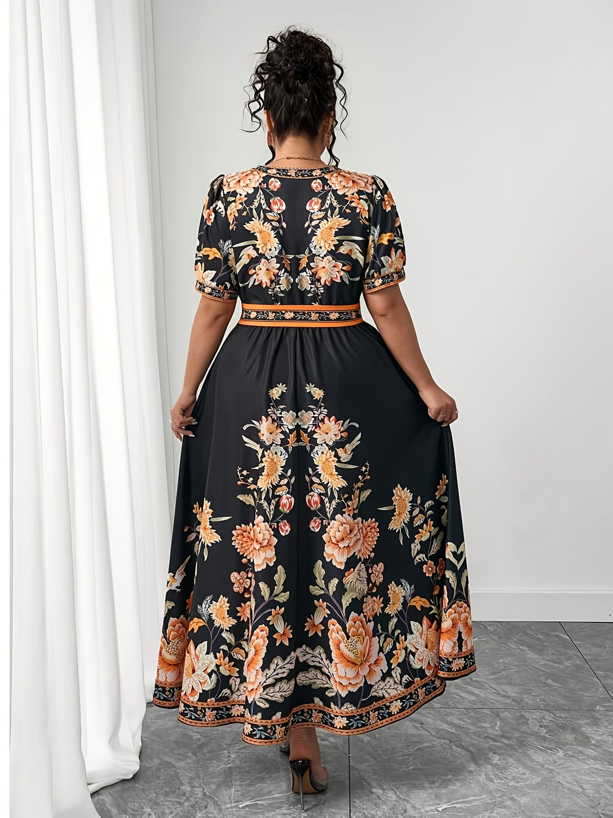 jkthpu-45 Plus Size, Women's Plus Size Floral Print in Orange/Black/, Flared Hem Non-Stretchy Formal & Casual Event Gown for Beach Vacations, Parties, Everyday Outfits - Machine Washable Summer Dress, Beach Dresses, Casual Elegance, Vneck Design, Comfortable Outfit