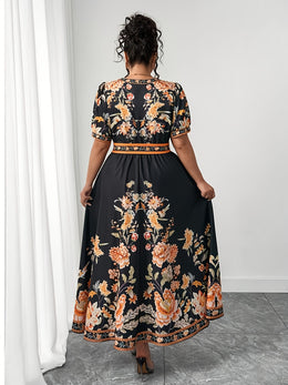jkthpu-45 Plus Size, Women's Plus Size Floral Print in Orange/Black/, Flared Hem Non-Stretchy Formal & Casual Event Gown for Beach Vacations, Parties, Everyday Outfits - Machine Washable Summer Dress, Beach Dresses, Casual Elegance, Vneck Design, Comfortable Outfit