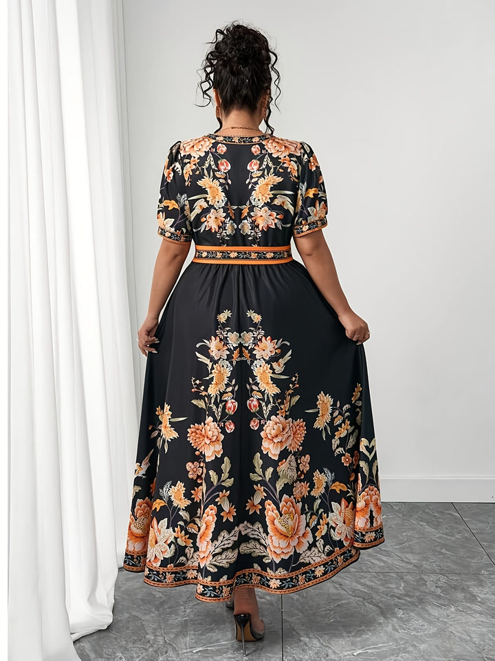 Plus Size, Women's Plus Size Floral Print in Orange/Black/, Flared Hem Non-Stretchy Formal & Casual Event Gown for Beach Vacations, Parties, Everyday Outfits - Machine Washable Summer Dress, Beach Dresses, Casual Elegance, Vneck Design, Comfortable Outfit