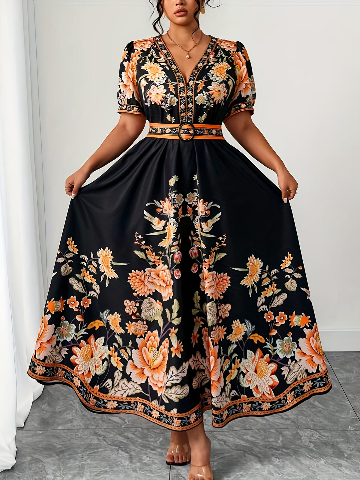 jkthpu-45 Plus Size, Women's Plus Size Floral Print in Orange/Black/, Flared Hem Non-Stretchy Formal & Casual Event Gown for Beach Vacations, Parties, Everyday Outfits - Machine Washable Summer Dress, Beach Dresses, Casual Elegance, Vneck Design, Comfortable Outfit