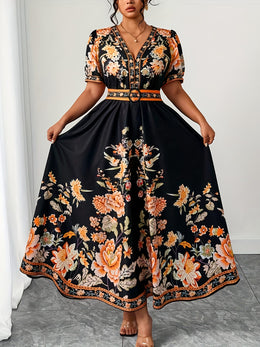 jkthpu-45 Plus Size, Women's Plus Size Floral Print in Orange/Black/, Flared Hem Non-Stretchy Formal & Casual Event Gown for Beach Vacations, Parties, Everyday Outfits - Machine Washable Summer Dress, Beach Dresses, Casual Elegance, Vneck Design, Comfortable Outfit