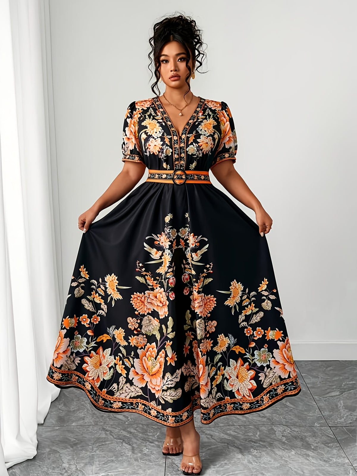 jkthpu-45 Plus Size, Women's Plus Size Floral Print in Orange/Black/, Flared Hem Non-Stretchy Formal & Casual Event Gown for Beach Vacations, Parties, Everyday Outfits - Machine Washable Summer Dress, Beach Dresses, Casual Elegance, Vneck Design, Comfortable Outfit