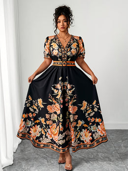 jkthpu-45 Plus Size, Women's Plus Size Floral Print in Orange/Black/, Flared Hem Non-Stretchy Formal & Casual Event Gown for Beach Vacations, Parties, Everyday Outfits - Machine Washable Summer Dress, Beach Dresses, Casual Elegance, Vneck Design, Comfortable Outfit