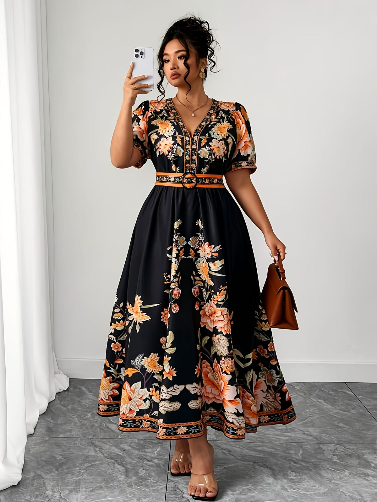 jkthpu-45 Plus Size, Women's Plus Size Floral Print in Orange/Black/, Flared Hem Non-Stretchy Formal & Casual Event Gown for Beach Vacations, Parties, Everyday Outfits - Machine Washable Summer Dress, Beach Dresses, Casual Elegance, Vneck Design, Comfortable Outfit
