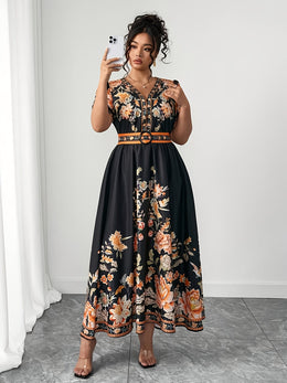 jkthpu-45 Plus Size, Women's Plus Size Floral Print in Orange/Black/, Flared Hem Non-Stretchy Formal & Casual Event Gown for Beach Vacations, Parties, Everyday Outfits - Machine Washable Summer Dress, Beach Dresses, Casual Elegance, Vneck Design, Comfortable Outfit