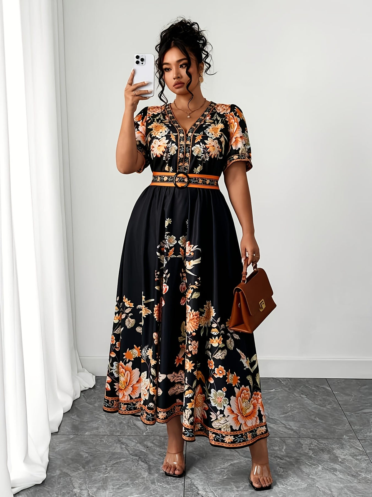 jkthpu-45 Plus Size, Women's Plus Size Floral Print in Orange/Black/, Flared Hem Non-Stretchy Formal & Casual Event Gown for Beach Vacations, Parties, Everyday Outfits - Machine Washable Summer Dress, Beach Dresses, Casual Elegance, Vneck Design, Comfortable Outfit