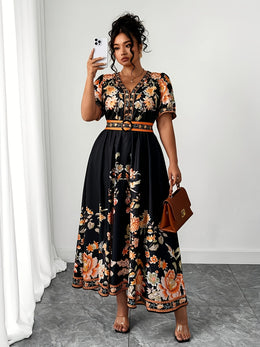 jkthpu-45 Plus Size, Women's Plus Size Floral Print in Orange/Black/, Flared Hem Non-Stretchy Formal & Casual Event Gown for Beach Vacations, Parties, Everyday Outfits - Machine Washable Summer Dress, Beach Dresses, Casual Elegance, Vneck Design, Comfortable Outfit