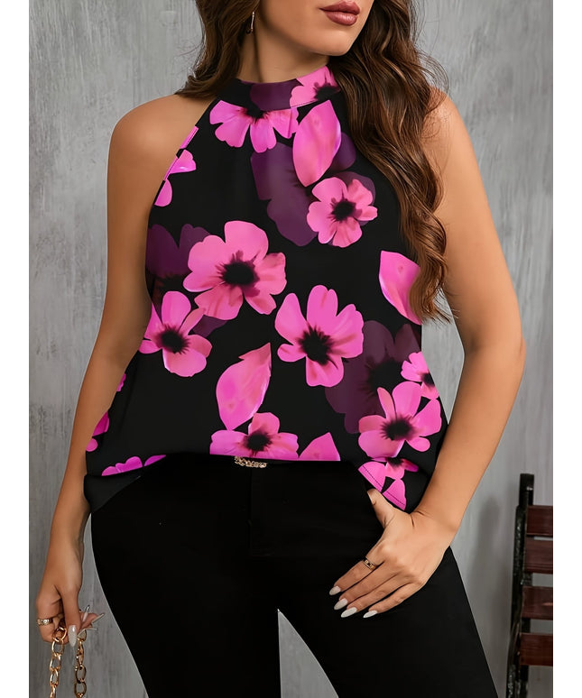 KissICON Plus Size - Women'S Plus Size Floral Print Sleeveless Blouse - Elegant Round Neck Summer Top with Button Details, Black & Pink Flowers, Stretchy Fabric, Perfect for Casual or Stylish Outfits, Floral Print Blouse
