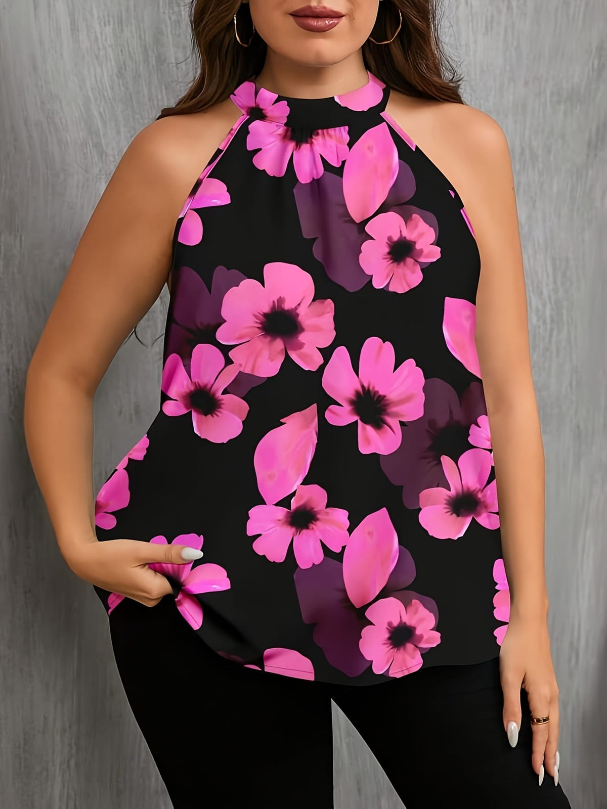 KissICON Plus Size - Women'S Plus Size Floral Print Sleeveless Blouse - Elegant Round Neck Summer Top with Button Details, Black & Pink Flowers, Stretchy Fabric, Perfect for Casual or Stylish Outfits, Floral Print Blouse