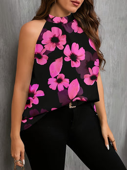 KissICON Plus Size - Women'S Plus Size Floral Print Sleeveless Blouse - Elegant Round Neck Summer Top with Button Details, Black & Pink Flowers, Stretchy Fabric, Perfect for Casual or Stylish Outfits, Floral Print Blouse