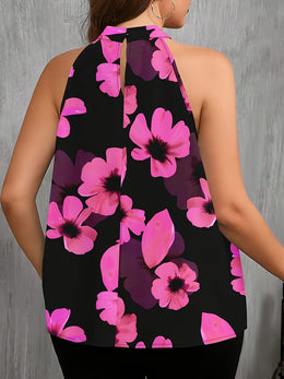 KissICON Plus Size - Women'S Plus Size Floral Print Sleeveless Blouse - Elegant Round Neck Summer Top with Button Details, Black & Pink Flowers, Stretchy Fabric, Perfect for Casual or Stylish Outfits, Floral Print Blouse