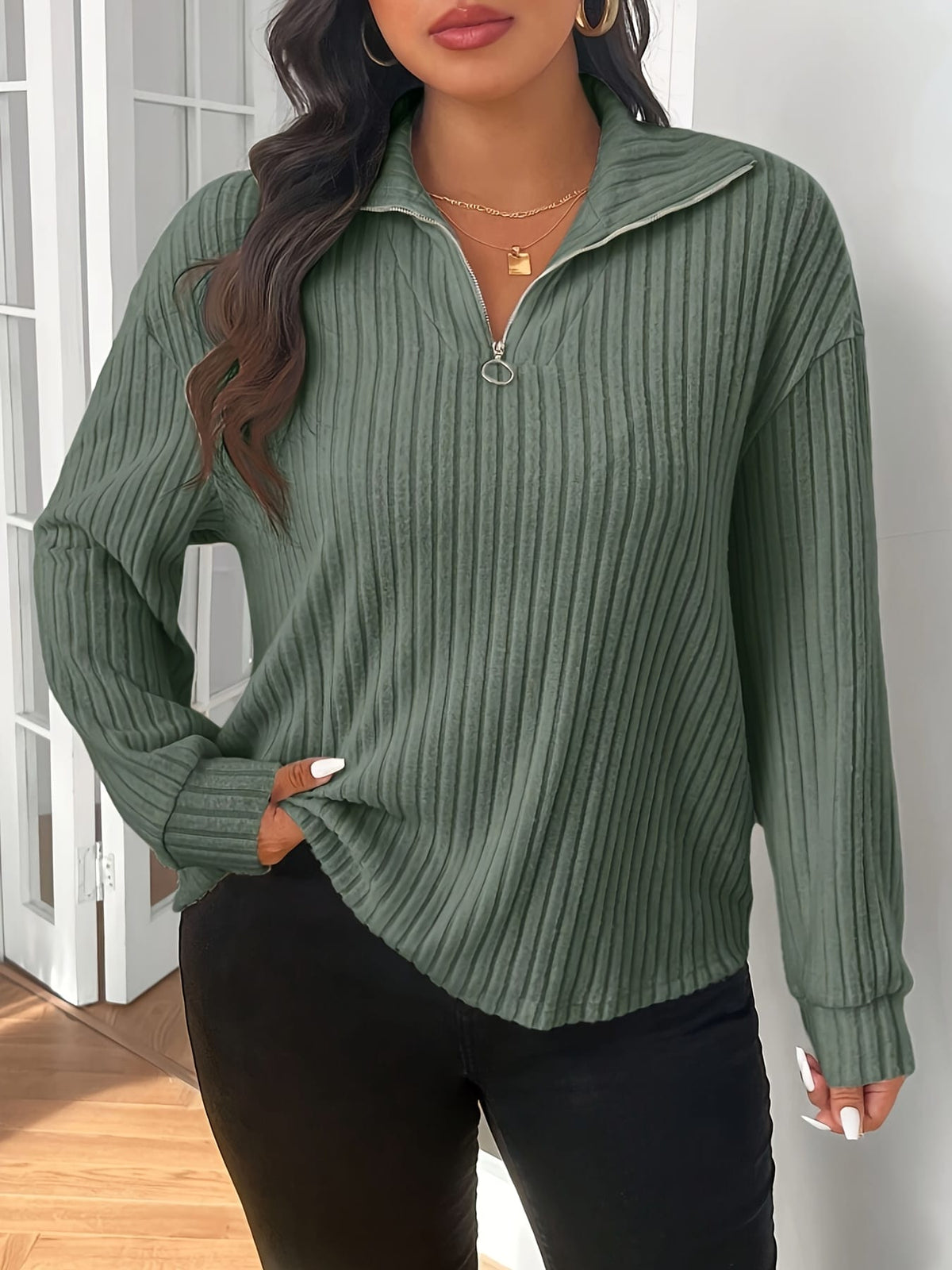jkthpu-45 Plus Size - Women'S Plus Size Green Ribbed