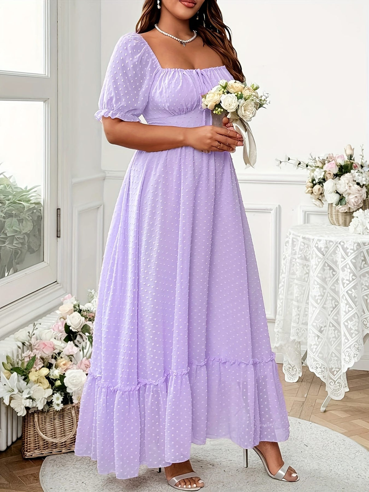 jkthpu-45 Plus Size, Women's Plus Size Lavender Formal Maxi dress - Elegant Square neck flared skirt non-stretchy gown for Wedding Guest, Prom, Party - Machine Washable Formal event Dresses, Dresses for Wedding Guest, Prom Dress, Sophisticated Design, Nonstretch Fa