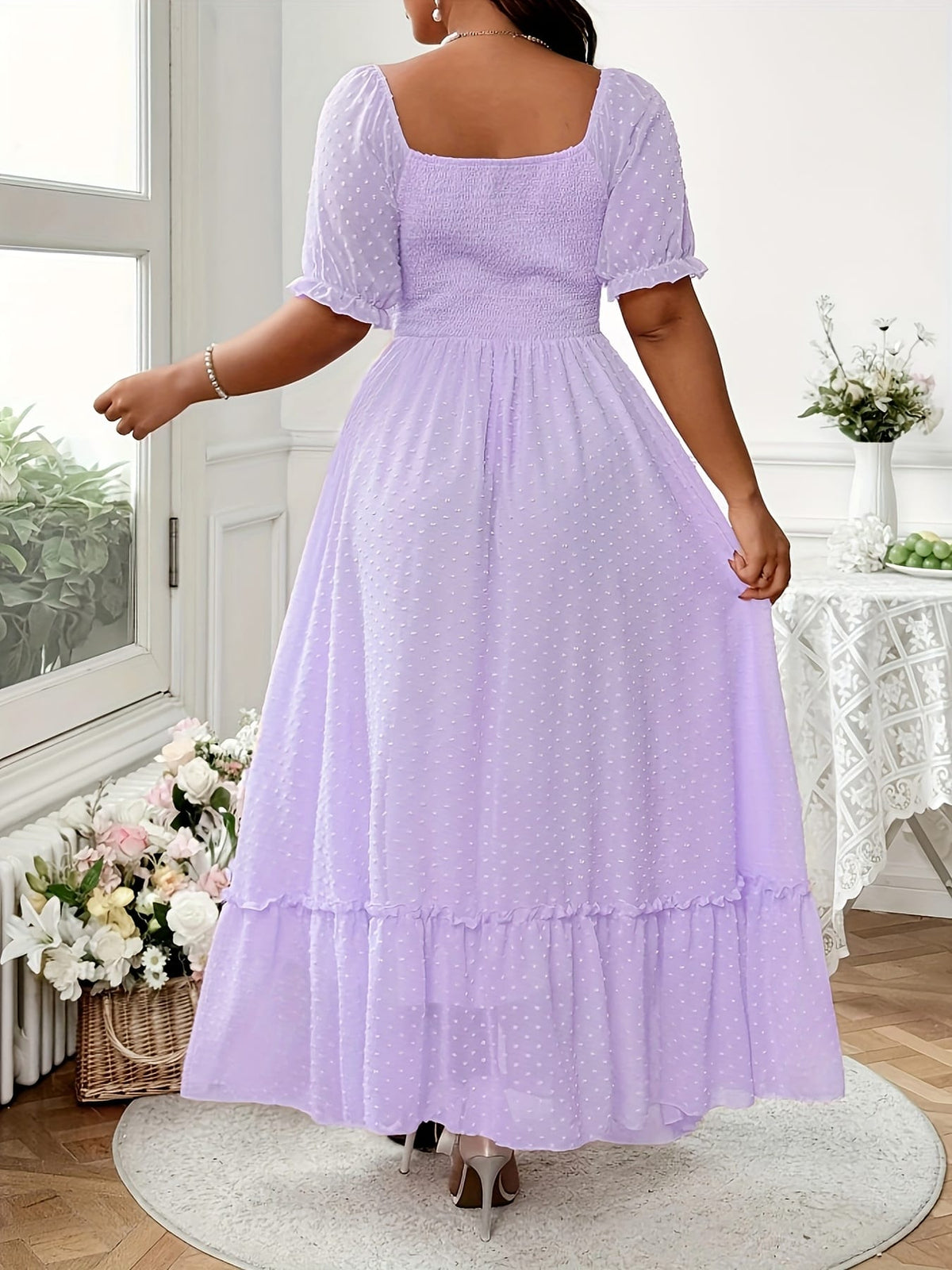 jkthpu-45 Plus Size, Women's Plus Size Lavender Formal Maxi dress - Elegant Square neck flared skirt non-stretchy gown for Wedding Guest, Prom, Party - Machine Washable Formal event Dresses, Dresses for Wedding Guest, Prom Dress, Sophisticated Design, Nonstretch Fa