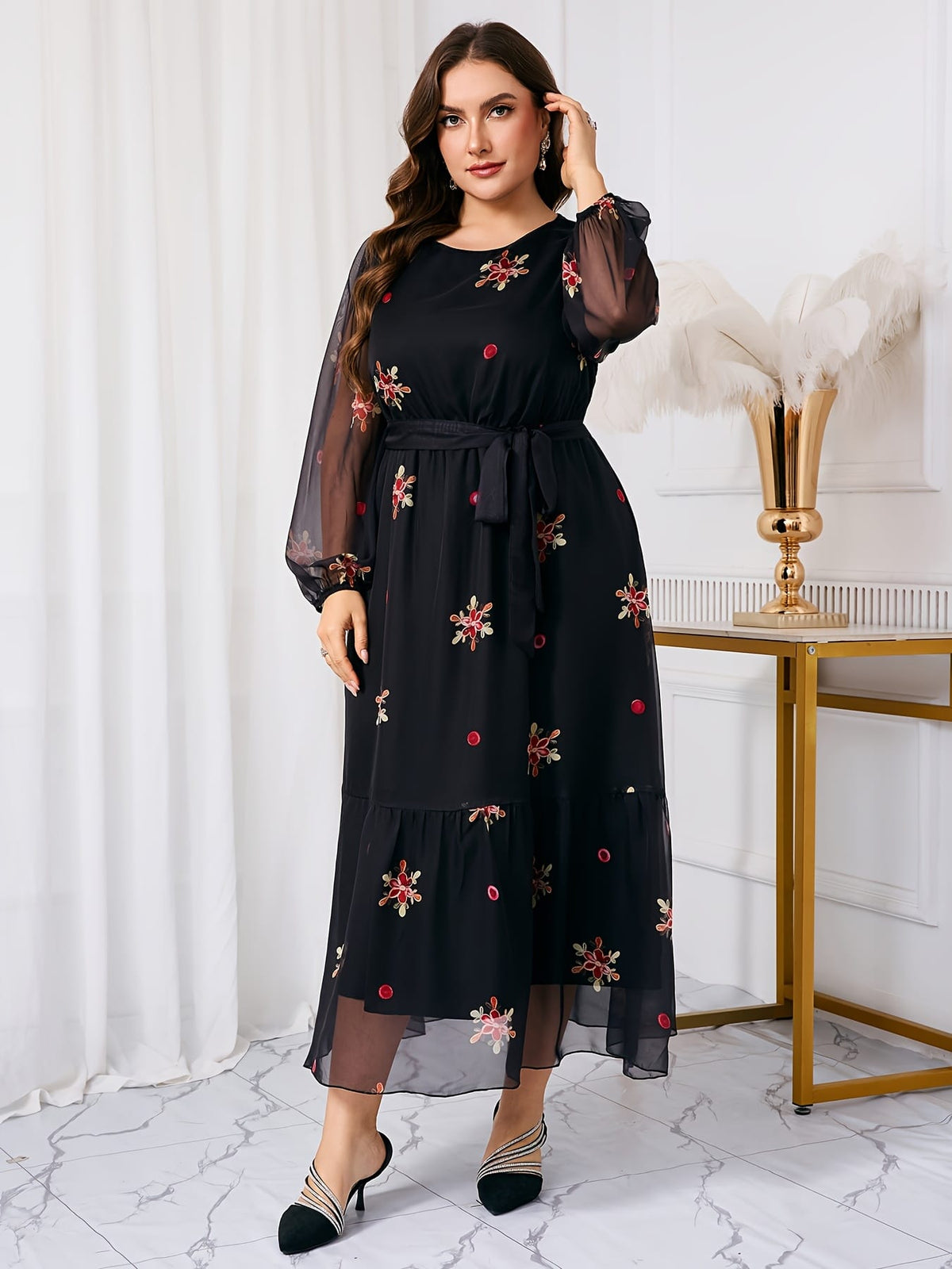 jkthpu-45 Plus Size, Women's Plus Size Middle Eastern Maxi Dress - Elegant Floral print long Formal/Party/Everyday Dress in Black & Red Floral pattern, Non-Stretchy fabric with Waist Belt, Machine Washable for Weddings, Galas, Cultural Events - TL96#, Floral Print