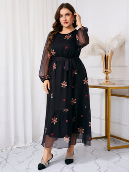 jkthpu-45 Plus Size, Women's Plus Size Middle Eastern Maxi Dress - Elegant Floral print long Formal/Party/Everyday Dress in Black & Red Floral pattern, Non-Stretchy fabric with Waist Belt, Machine Washable for Weddings, Galas, Cultural Events - TL96#, Floral Print