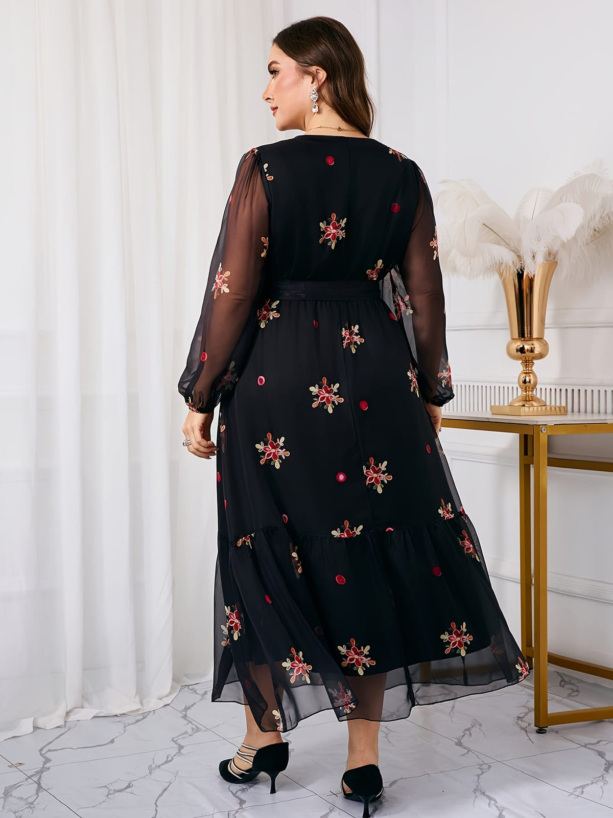 jkthpu-45 Plus Size, Women's Plus Size Middle Eastern Maxi Dress - Elegant Floral print long Formal/Party/Everyday Dress in Black & Red Floral pattern, Non-Stretchy fabric with Waist Belt, Machine Washable for Weddings, Galas, Cultural Events - TL96#, Floral Print