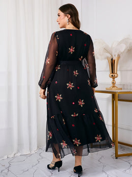 jkthpu-45 Plus Size, Women's Plus Size Middle Eastern Maxi Dress - Elegant Floral print long Formal/Party/Everyday Dress in Black & Red Floral pattern, Non-Stretchy fabric with Waist Belt, Machine Washable for Weddings, Galas, Cultural Events - TL96#, Floral Print