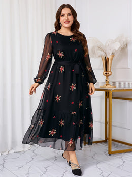 jkthpu-45 Plus Size, Women's Plus Size Middle Eastern Maxi Dress - Elegant Floral print long Formal/Party/Everyday Dress in Black & Red Floral pattern, Non-Stretchy fabric with Waist Belt, Machine Washable for Weddings, Galas, Cultural Events - TL96#, Floral Print