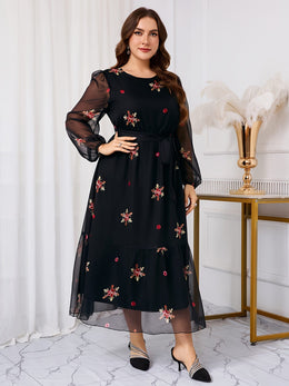 jkthpu-45 Plus Size, Women's Plus Size Middle Eastern Maxi Dress - Elegant Floral print long Formal/Party/Everyday Dress in Black & Red Floral pattern, Non-Stretchy fabric with Waist Belt, Machine Washable for Weddings, Galas, Cultural Events - TL96#, Floral Print