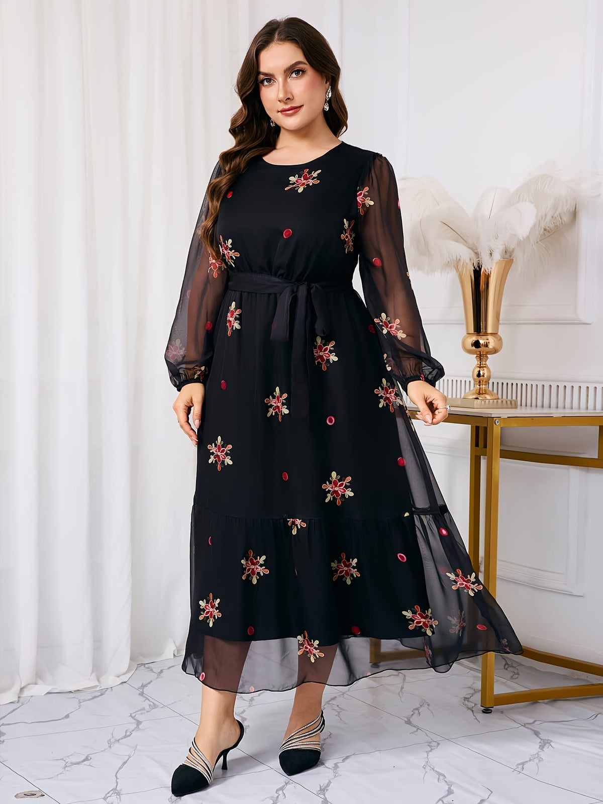jkthpu-45 Plus Size, Women's Plus Size Middle Eastern Maxi Dress - Elegant Floral print long Formal/Party/Everyday Dress in Black & Red Floral pattern, Non-Stretchy fabric with Waist Belt, Machine Washable for Weddings, Galas, Cultural Events - TL96#, Floral Print