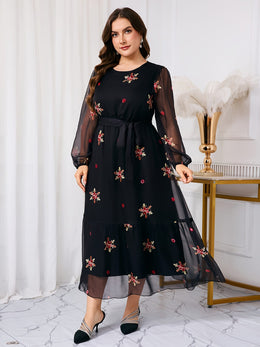 jkthpu-45 Plus Size, Women's Plus Size Middle Eastern Maxi Dress - Elegant Floral print long Formal/Party/Everyday Dress in Black & Red Floral pattern, Non-Stretchy fabric with Waist Belt, Machine Washable for Weddings, Galas, Cultural Events - TL96#, Floral Print