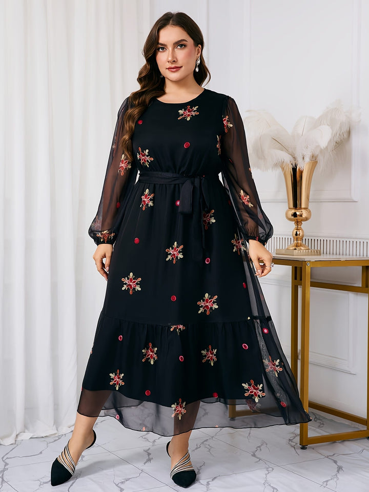 Plus Size, Women's Plus Size Middle Eastern Maxi Dress - Elegant Floral print long Formal/Party/Everyday Dress in Black & Red Floral pattern, Non-Stretchy fabric with Waist Belt, Machine Washable for Weddings, Galas, Cultural Events - TL96#, Floral Print