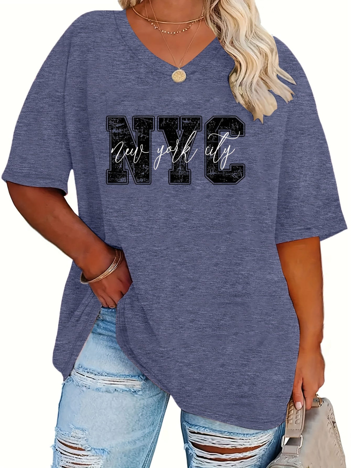 KissICON Plus Size - Women'S Plus Size NYC Graphic Tee - Casual V-Neck, Short Sleeve, Stretchy Rayon Blend, Black with White Lettering, Perfect for Spring, Summer & Fall, Everyday Tshirt|Vneck Top|Comfortable Fit