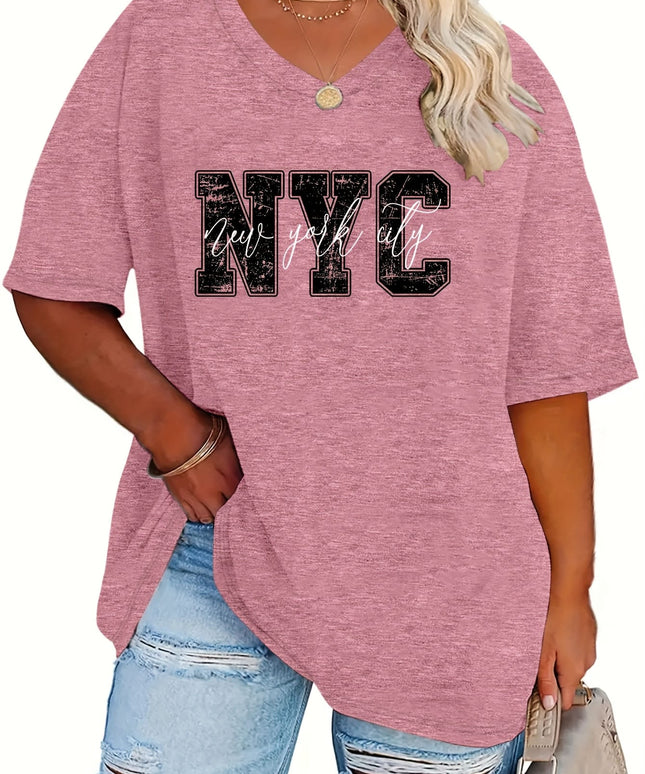 KissICON Plus Size - Women'S Plus Size NYC Graphic Tee - Casual V-Neck, Short Sleeve, Stretchy Rayon Blend, Black with White Lettering, Perfect for Spring, Summer & Fall, Everyday Tshirt|Vneck Top|Comfortable Fit
