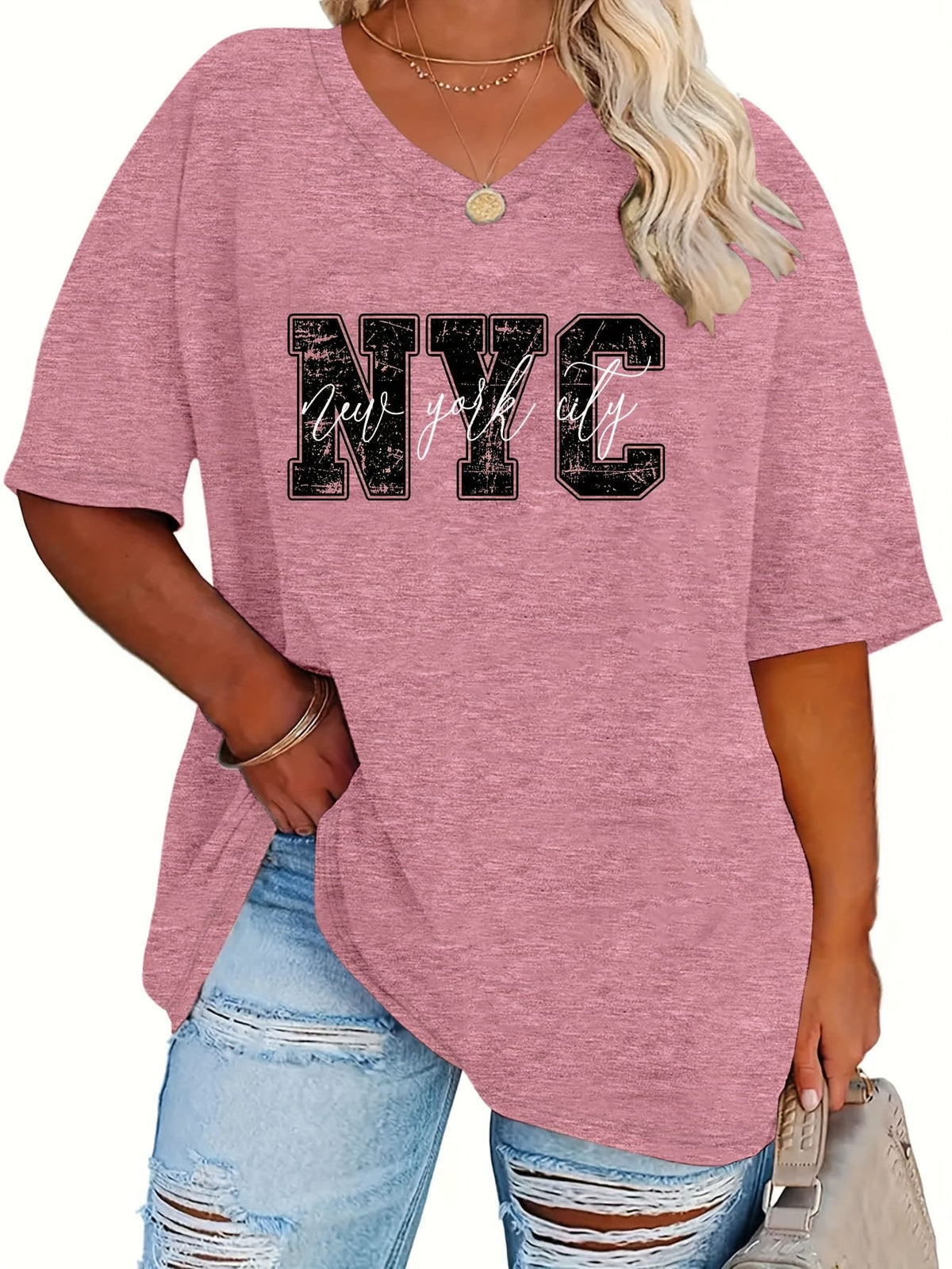 KissICON Plus Size - Women'S Plus Size NYC Graphic Tee - Casual V-Neck, Short Sleeve, Stretchy Rayon Blend, Black with White Lettering, Perfect for Spring, Summer & Fall, Everyday Tshirt|Vneck Top|Comfortable Fit
