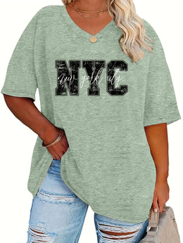 KissICON Plus Size - Women'S Plus Size NYC Graphic Tee - Casual V-Neck, Short Sleeve, Stretchy Rayon Blend, Black with White Lettering, Perfect for Spring, Summer & Fall, Everyday Tshirt|Vneck Top|Comfortable Fit