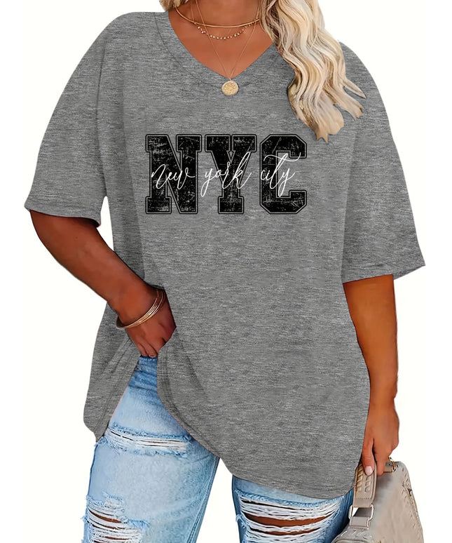 KissICON Plus Size - Women'S Plus Size NYC Graphic Tee - Casual V-Neck, Short Sleeve, Stretchy Rayon Blend, Black with White Lettering, Perfect for Spring, Summer & Fall, Everyday Tshirt|Vneck Top|Comfortable Fit