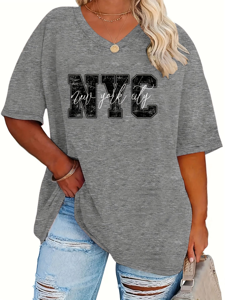 Plus Size - Women'S Plus Size NYC Graphic Tee - Casual V-Neck, Short Sleeve, Stretchy Rayon Blend, Black with White Lettering, Perfect for Spring, Summer & Fall, Everyday Tshirt|Vneck Top|Comfortable Fit