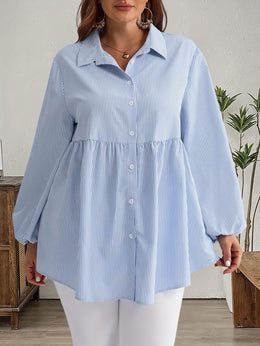 KissICON Plus Size, Women's Plus Size Oversized White & Green Horizontal Striped Button- Shirt Jacket-like Blouse - Short Sleeve-like Collar, Wrinkle-Resistant (Machine Washable) H-Line Fit for Year-Round Casual & Dressy Wear (No)