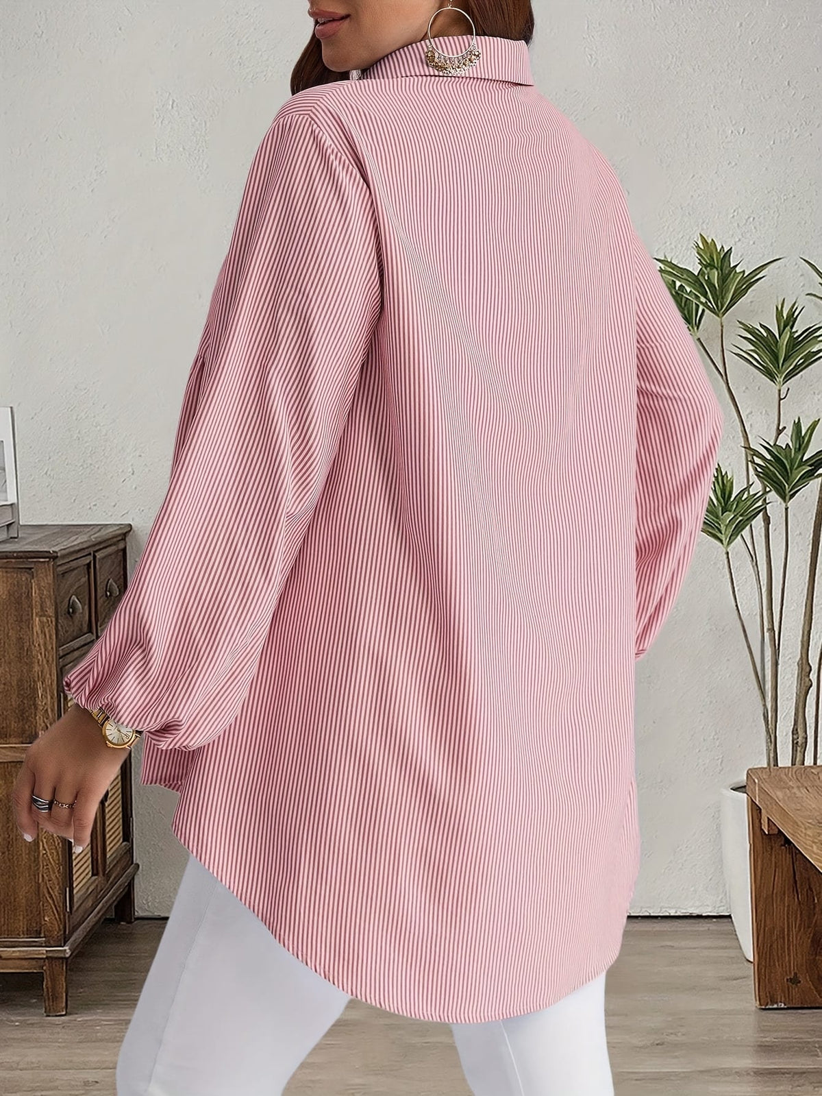 KissICON Plus Size, Women's Plus Size Oversized White & Green Horizontal Striped Button- Shirt Jacket-like Blouse - Short Sleeve-like Collar, Wrinkle-Resistant (Machine Washable) H-Line Fit for Year-Round Casual & Dressy Wear (No)