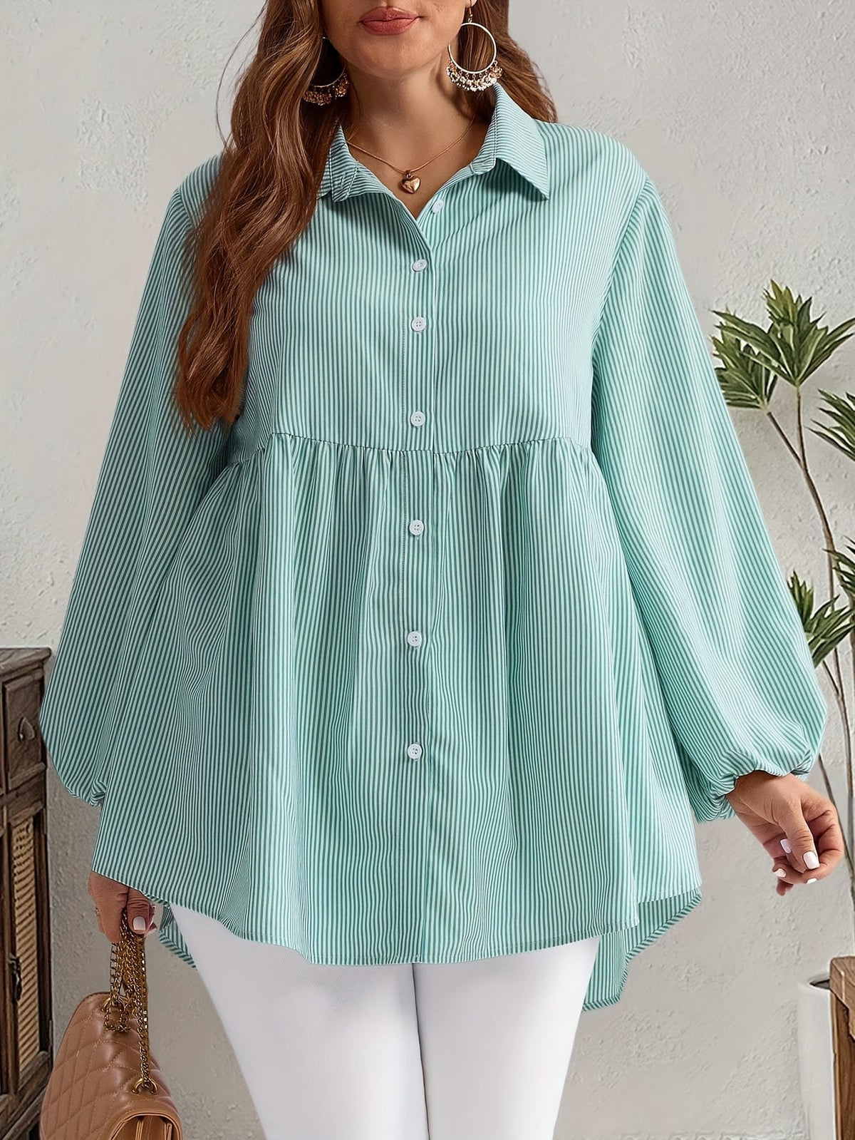 KissICON Plus Size, Women's Plus Size Oversized White & Green Horizontal Striped Button- Shirt Jacket-like Blouse - Short Sleeve-like Collar, Wrinkle-Resistant (Machine Washable) H-Line Fit for Year-Round Casual & Dressy Wear (No)