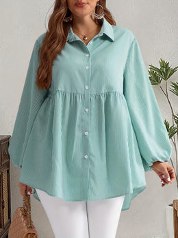 KissICON Plus Size, Women's Plus Size Oversized White & Green Horizontal Striped Button- Shirt Jacket-like Blouse - Short Sleeve-like Collar, Wrinkle-Resistant (Machine Washable) H-Line Fit for Year-Round Casual & Dressy Wear (No)