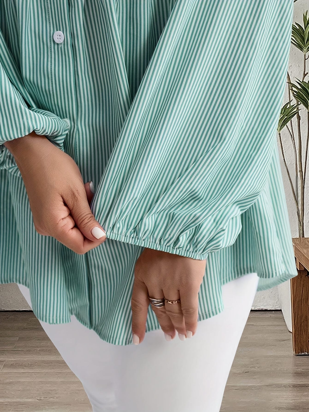 KissICON Plus Size, Women's Plus Size Oversized White & Green Horizontal Striped Button- Shirt Jacket-like Blouse - Short Sleeve-like Collar, Wrinkle-Resistant (Machine Washable) H-Line Fit for Year-Round Casual & Dressy Wear (No)