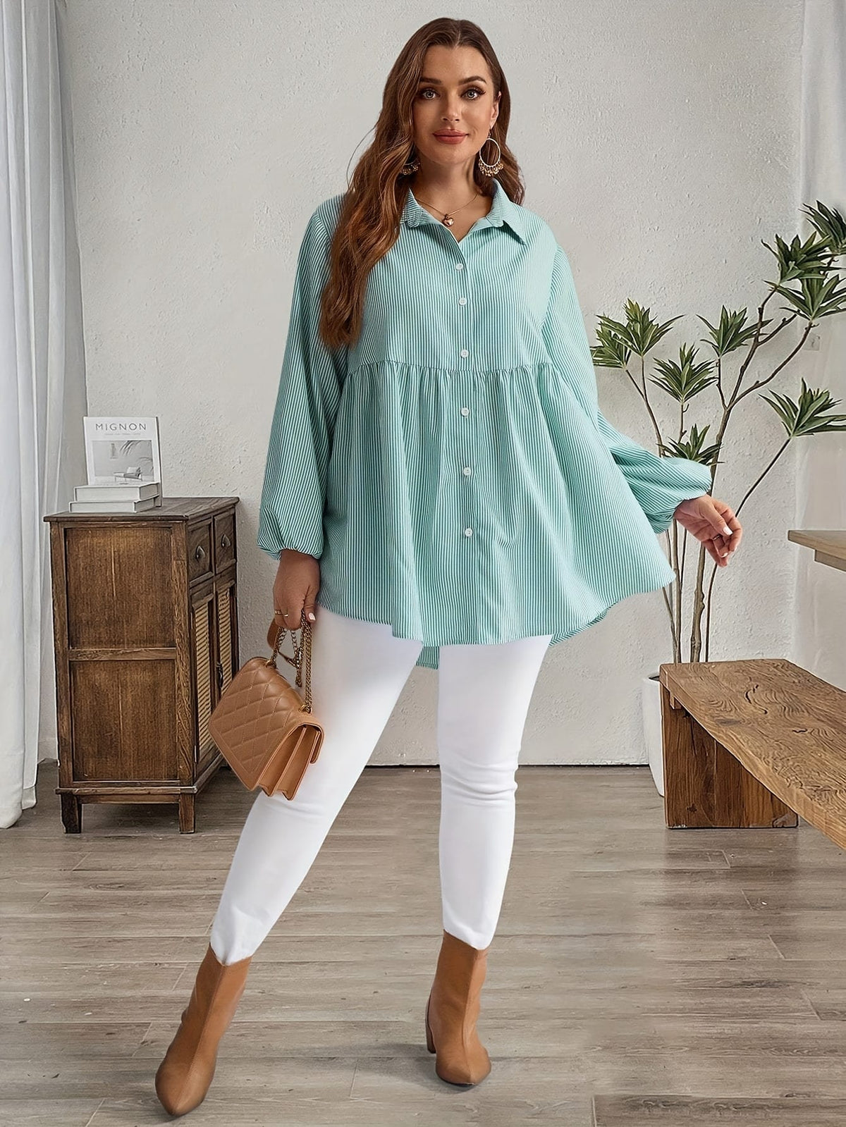 KissICON Plus Size, Women's Plus Size Oversized White & Green Horizontal Striped Button- Shirt Jacket-like Blouse - Short Sleeve-like Collar, Wrinkle-Resistant (Machine Washable) H-Line Fit for Year-Round Casual & Dressy Wear (No)