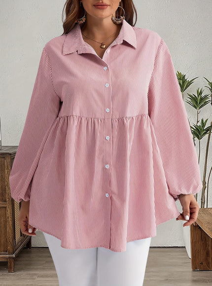 KissICON Plus Size, Women's Plus Size Oversized White & Green Horizontal Striped Button- Shirt Jacket-like Blouse - Short Sleeve-like Collar, Wrinkle-Resistant (Machine Washable) H-Line Fit for Year-Round Casual & Dressy Wear (No)