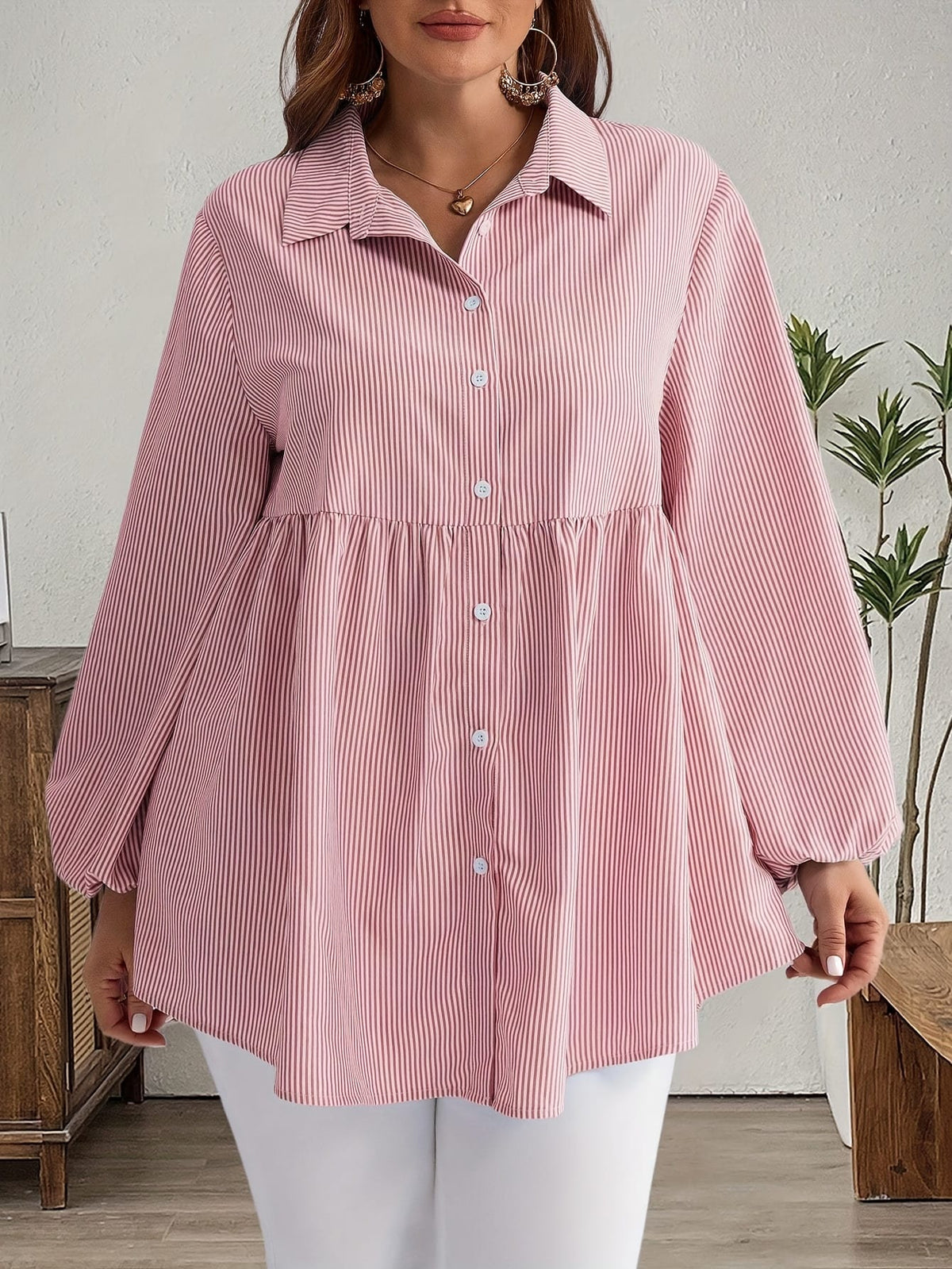 KissICON Plus Size, Women's Plus Size Oversized White & Green Horizontal Striped Button- Shirt Jacket-like Blouse - Short Sleeve-like Collar, Wrinkle-Resistant (Machine Washable) H-Line Fit for Year-Round Casual & Dressy Wear (No)