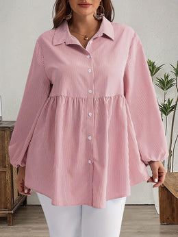 KissICON Plus Size, Women's Plus Size Oversized White & Green Horizontal Striped Button- Shirt Jacket-like Blouse - Short Sleeve-like Collar, Wrinkle-Resistant (Machine Washable) H-Line Fit for Year-Round Casual & Dressy Wear (No)