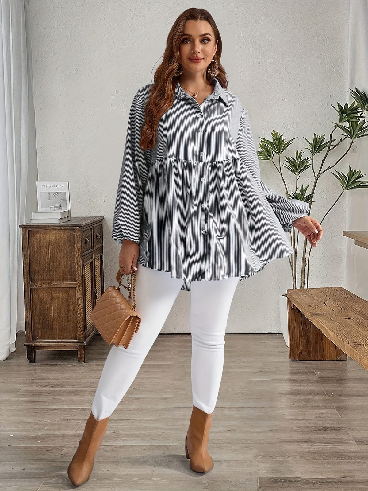 KissICON Plus Size, Women's Plus Size Oversized White & Green Horizontal Striped Button- Shirt Jacket-like Blouse - Short Sleeve-like Collar, Wrinkle-Resistant (Machine Washable) H-Line Fit for Year-Round Casual & Dressy Wear (No)