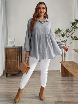 KissICON Plus Size, Women's Plus Size Oversized White & Green Horizontal Striped Button- Shirt Jacket-like Blouse - Short Sleeve-like Collar, Wrinkle-Resistant (Machine Washable) H-Line Fit for Year-Round Casual & Dressy Wear (No)