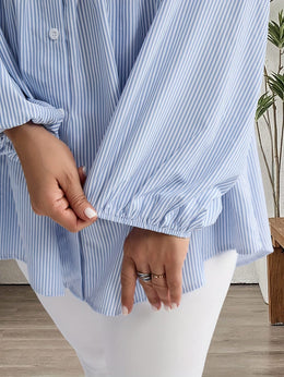 KissICON Plus Size, Women's Plus Size Oversized White & Green Horizontal Striped Button- Shirt Jacket-like Blouse - Short Sleeve-like Collar, Wrinkle-Resistant (Machine Washable) H-Line Fit for Year-Round Casual & Dressy Wear (No)