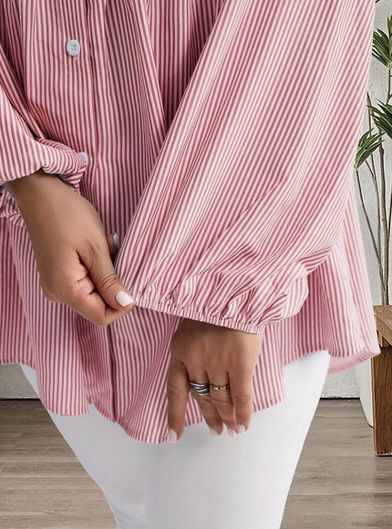 KissICON Plus Size, Women's Plus Size Oversized White & Green Horizontal Striped Button- Shirt Jacket-like Blouse - Short Sleeve-like Collar, Wrinkle-Resistant (Machine Washable) H-Line Fit for Year-Round Casual & Dressy Wear (No)